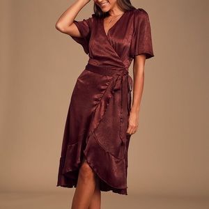 Wrapped Up In Love Burgundy Satin Faux-Wrap Midi